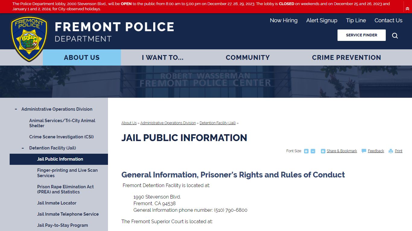 Jail Public Information | Fremont Police Department, CA